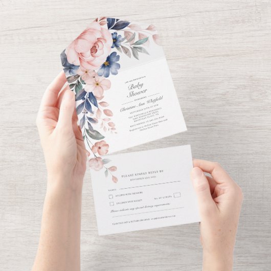 Waterverf van roze Floral Botanisch Baby shower All In One Uitnodiging (Afscheurbaar)