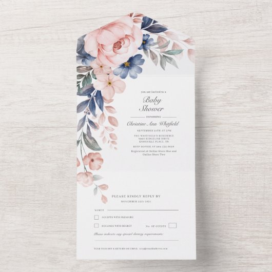 Waterverf van roze Floral Botanisch Baby shower All In One Uitnodiging (Binnen)