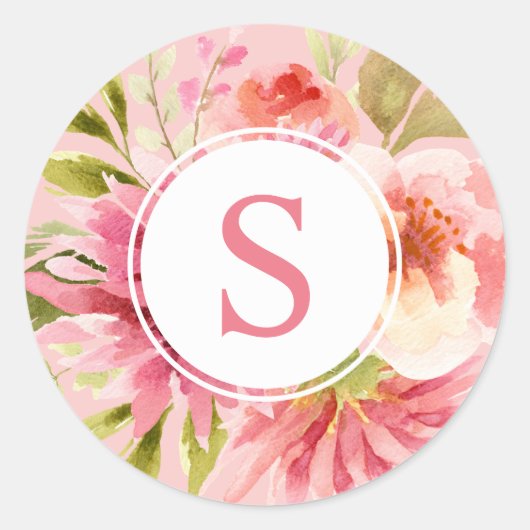 Waterverf van roze Floral met Initiaal van Monogra Ronde Sticker (Voorkant)