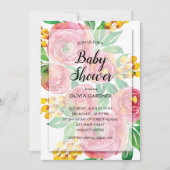 Waterverf van roze geel Floral Baby shower nodigt  (Voorkant)