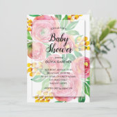 Waterverf van roze geel Floral Baby shower nodigt  (Staand voorkant)