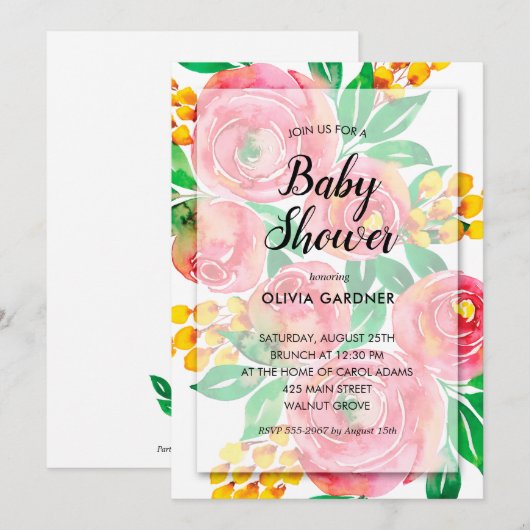 Waterverf van roze geel Floral Baby shower nodigt  (Voorkant / Achterkant)