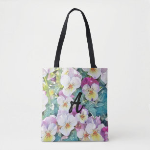 Waterverf van roze, gele, witte pansies Monogram Tote Bag