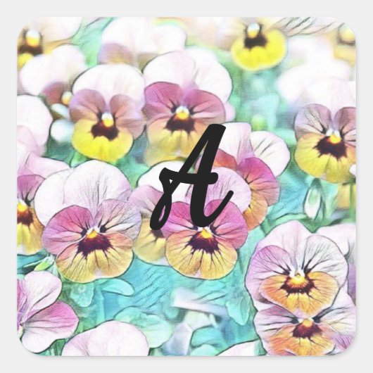 Waterverf van roze, gele, witte pansies Monogram Vierkante Sticker (Voorkant)