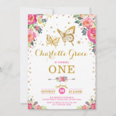 Waterverf van roze goudvlinder Floral Birthday Kaart (Voorkant)