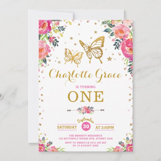 Waterverf van roze goudvlinder Floral Birthday Kaart (Voorkant)