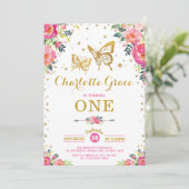 Waterverf van roze goudvlinder Floral Birthday Kaart (Staand voorkant)