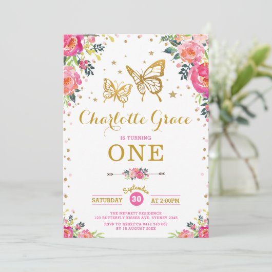 Waterverf van roze goudvlinder Floral Birthday Kaart (Staand voorkant)
