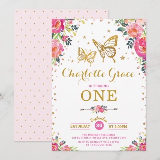 Waterverf van roze goudvlinder Floral Birthday Kaart (Voorkant / Achterkant)