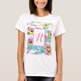 Waterverf van roze pansieën aanpasbaar monogram t-shirt