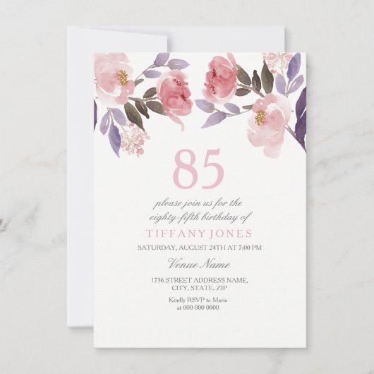Waterverf van roze pekel 85e verjaardag uitnodigin kaart (Voorkant)
