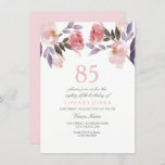 Waterverf van roze pekel 85e verjaardag uitnodigin kaart<br><div class="desc">Roze Paarse Floral Waterverf 85th Birthday Uitnodigen prachtig elegant bloemenvormig waterverf Volledig  / gepersonaliseerd Heirloom Peonies Design met dank aan: https://www.etsy.com/shop/SmallHouseBigPony</div>