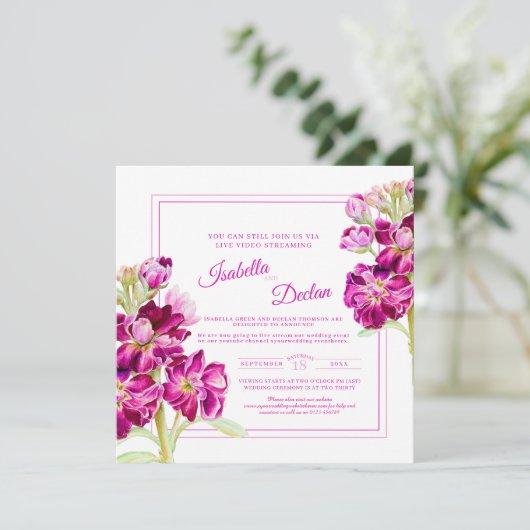 Waterverf van roze stambloem live stream bruiloft kaart (Staand voorkant)
