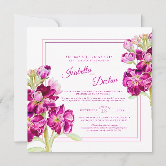 Waterverf van roze stambloem live stream bruiloft kaart (Voorkant)