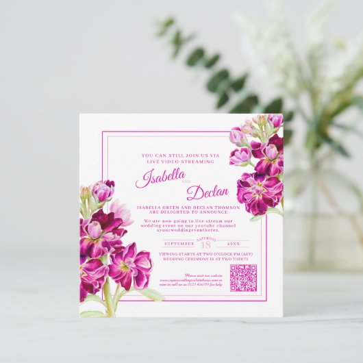 Waterverf van roze stambloem live stream bruiloft kaart (Staand voorkant)