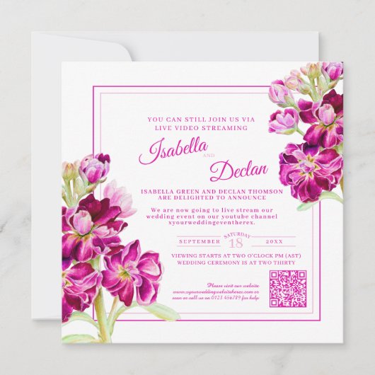 Waterverf van roze stambloem live stream bruiloft kaart (Voorkant)