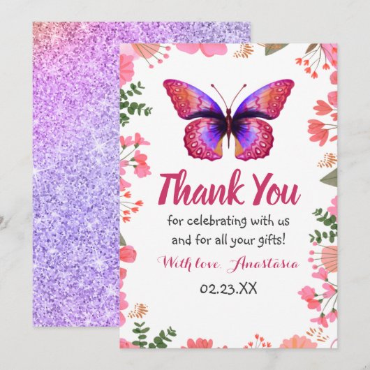 Waterverf van roze vlinder Florence Lijst Birthday Bedankkaart (Voorkant / Achterkant)