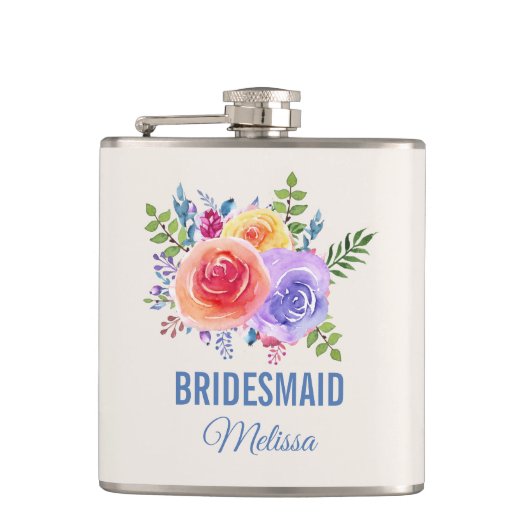 Waterverf van Rozen van kleur Floral Bridesmaid Heupfles (Voorkant)