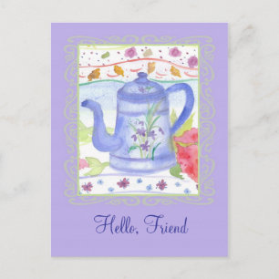 Waterverf van Tea Pot bloemen Hallo vriend Briefkaart