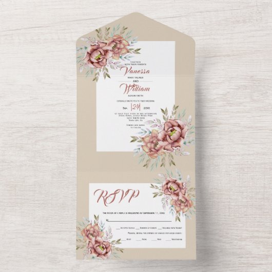 Waterverf van Terracotta bloemen beige hertrouweri All In One Uitnodiging (Binnen)