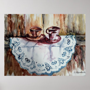 Waterverf van theebekers, ovenlinnen, wand poster