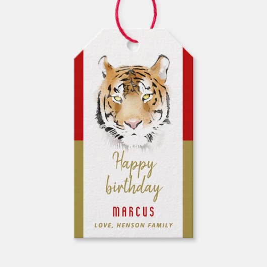 Waterverf van tijger hoofd Zalige verjaardag teken Cadeaulabel (Voorkant)