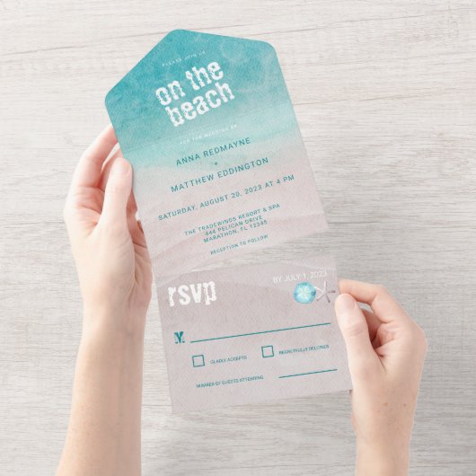 Waterverf van Tropische Beach Wedding All In One Uitnodiging (Afscheurbaar)