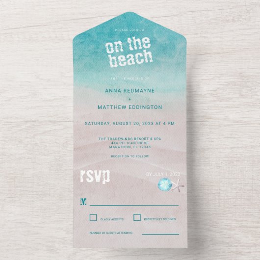 Waterverf van Tropische Beach Wedding All In One Uitnodiging (Binnen)
