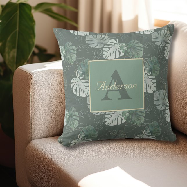 Waterverf van Tropische palmen met moerassen Buitenkussen (Monogram Initial and Name Summer Tropical Palm Leaves Watercolor Outdoor Pillow )