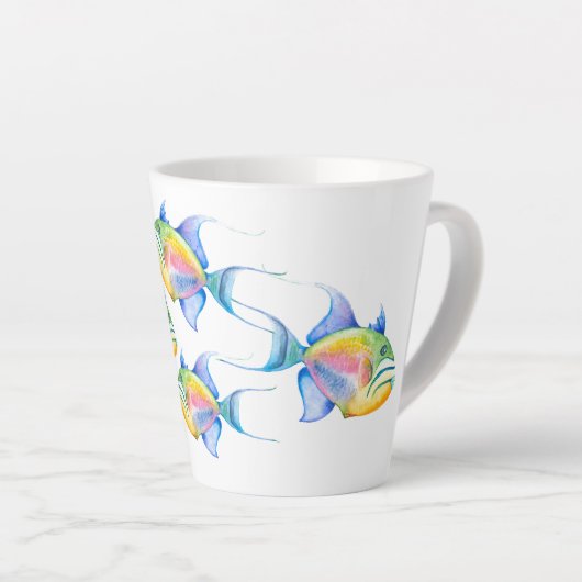 Waterverf van tropische vissen in koninginnenvis latte mok (Rechterhoek)