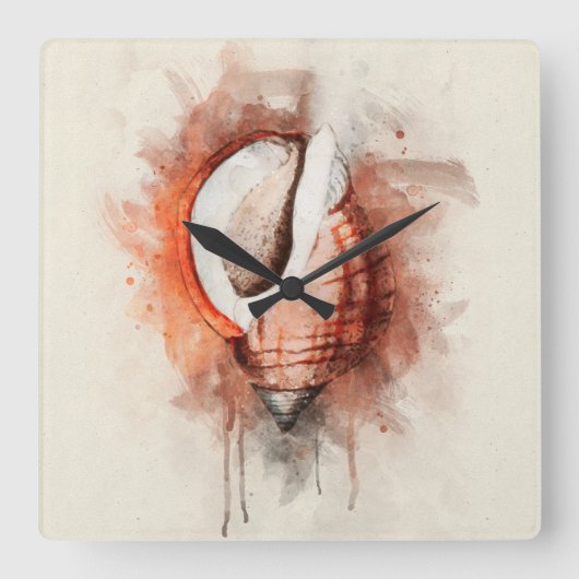 Waterverf van Tropische Zee Shell van kuststrand Vierkante Klok (Voorkant)