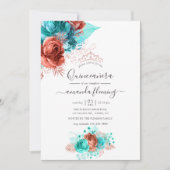 Waterverf van Turquoise en Coral Floral Quinceañer Kaart (Voorkant)