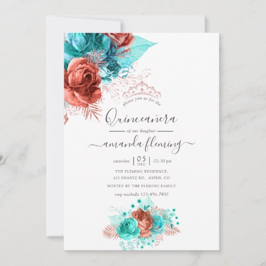 Waterverf van Turquoise en Coral Floral Quinceañer Kaart (Voorkant)