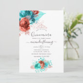 Waterverf van Turquoise en Coral Floral Quinceañer Kaart (Staand voorkant)