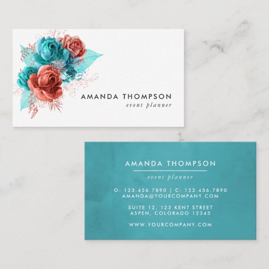Waterverf van Turquoise en Coral Floral Visitekaartje (Voorkant / Achterkant)