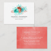 Waterverf van Turquoise en Coral Floral Visitekaartje (Voorkant / Achterkant)
