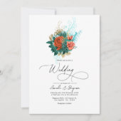 Waterverf van Turquoise en Coral Floral Wedding Kaart (Voorkant)