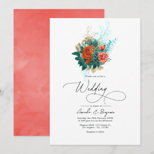 Waterverf van Turquoise en Coral Floral Wedding Kaart