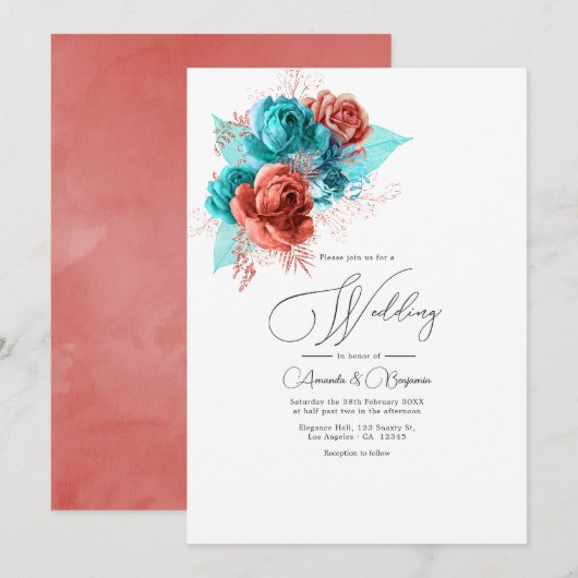 Waterverf van Turquoise en Coral Floral Wedding Kaart (Voorkant / Achterkant)