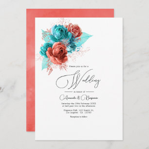 Waterverf van Turquoise en Coral Floral Wedding Kaart
