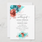 Waterverf van Turquoise en Coral Floral Wedding Kaart (Voorkant)