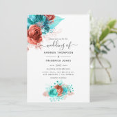 Waterverf van Turquoise en Coral Floral Wedding Kaart (Staand voorkant)