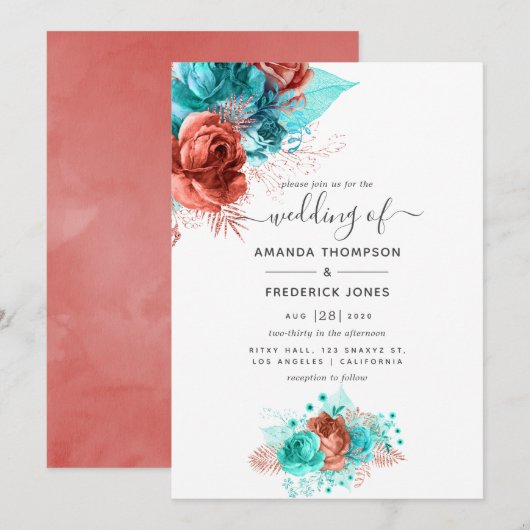 Waterverf van Turquoise en Coral Floral Wedding Kaart (Voorkant / Achterkant)