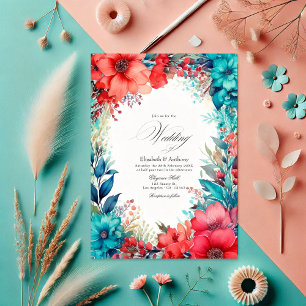 Waterverf van Turquoise en Coral Floral Wedding Kaart