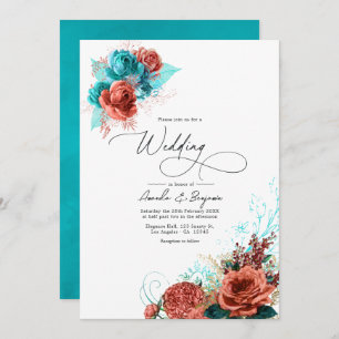 Waterverf van Turquoise en Coral Floral Wedding Kaart