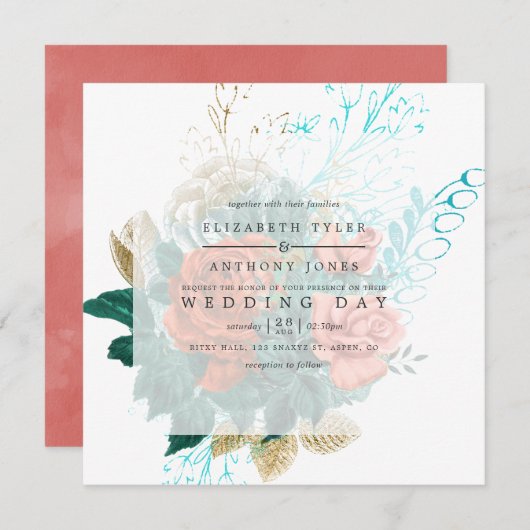 Waterverf van Turquoise en Coral Floral Wedding Kaart (Voorkant / Achterkant)