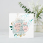 Waterverf van Turquoise en Coral Floral Wedding Kaart (Staand voorkant)