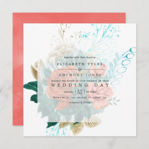 Waterverf van Turquoise en Coral Floral Wedding Kaart