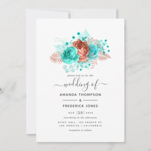 Waterverf van Turquoise en Coral Floral Wedding Kaart (Voorkant)