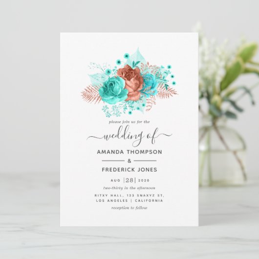 Waterverf van Turquoise en Coral Floral Wedding Kaart (Staand voorkant)